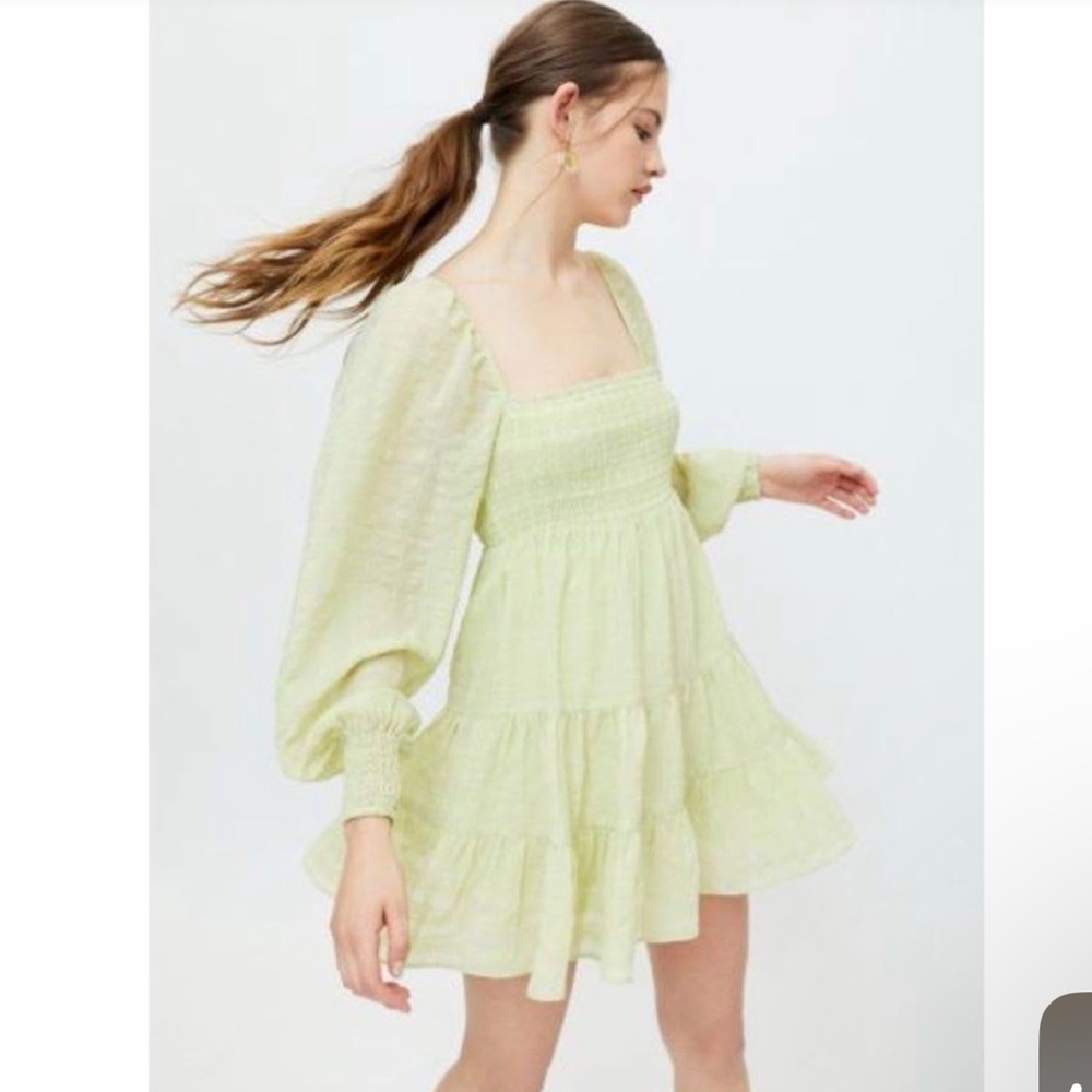 UO River Smocked Long Sleeve Mini Dress in Green